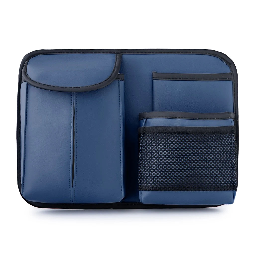 Navy compact car seat back organizer with tissue pocket and mesh storage. An essential car accessory by Car-Wah! to elevate your driving experience