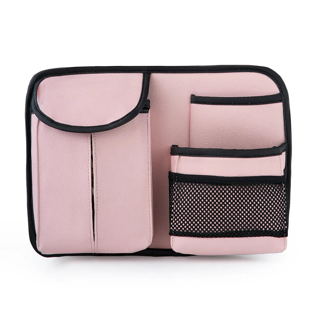 Pink compact car seat back organizer with tissue pocket and mesh storage. An essential car accessory by Car-Wah! to elevate your driving experience