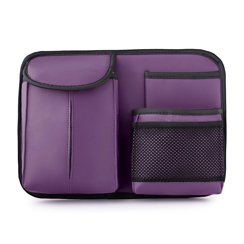 Purple compact car seat back organizer with mesh pocket for small essentials. An essential car accessory by Car-Wah! to elevate your driving experience