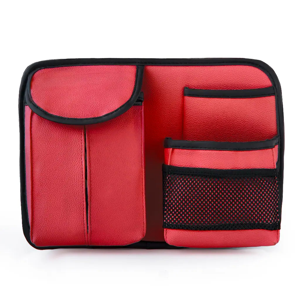 Red compact car seat back organizer with tissue holder and storage pockets. An essential car accessory by Car-Wah! to elevate your driving experience