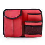 Red compact car seat back organizer with tissue holder and storage pockets. An essential car accessory by Car-Wah! to elevate your driving experience