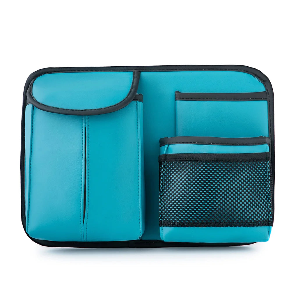 Teal compact car seat back organizer with mesh pocket and storage compartments. An essential car accessory by Car-Wah! to elevate your driving experience