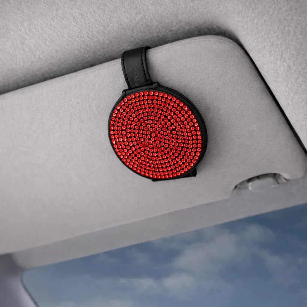 Red magnetic sunglasses holder for car visor. A practical and aesthetic car accessory by  Car-Wah! to keep your world on wheels organized.