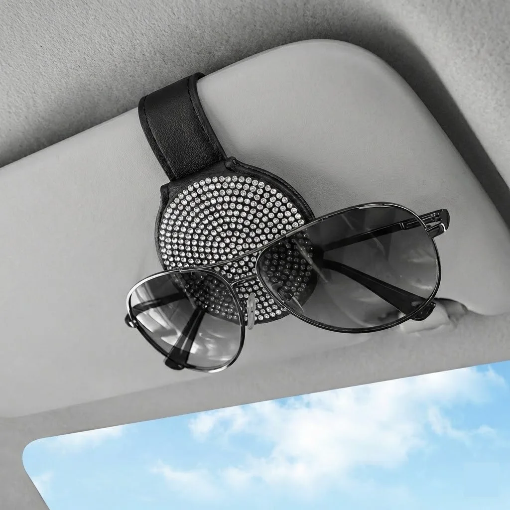 Silver bling sunglasses holder clipped to car visor holding sunglasses. Affordable and unique Car-Wah! car storage for your daily commute.