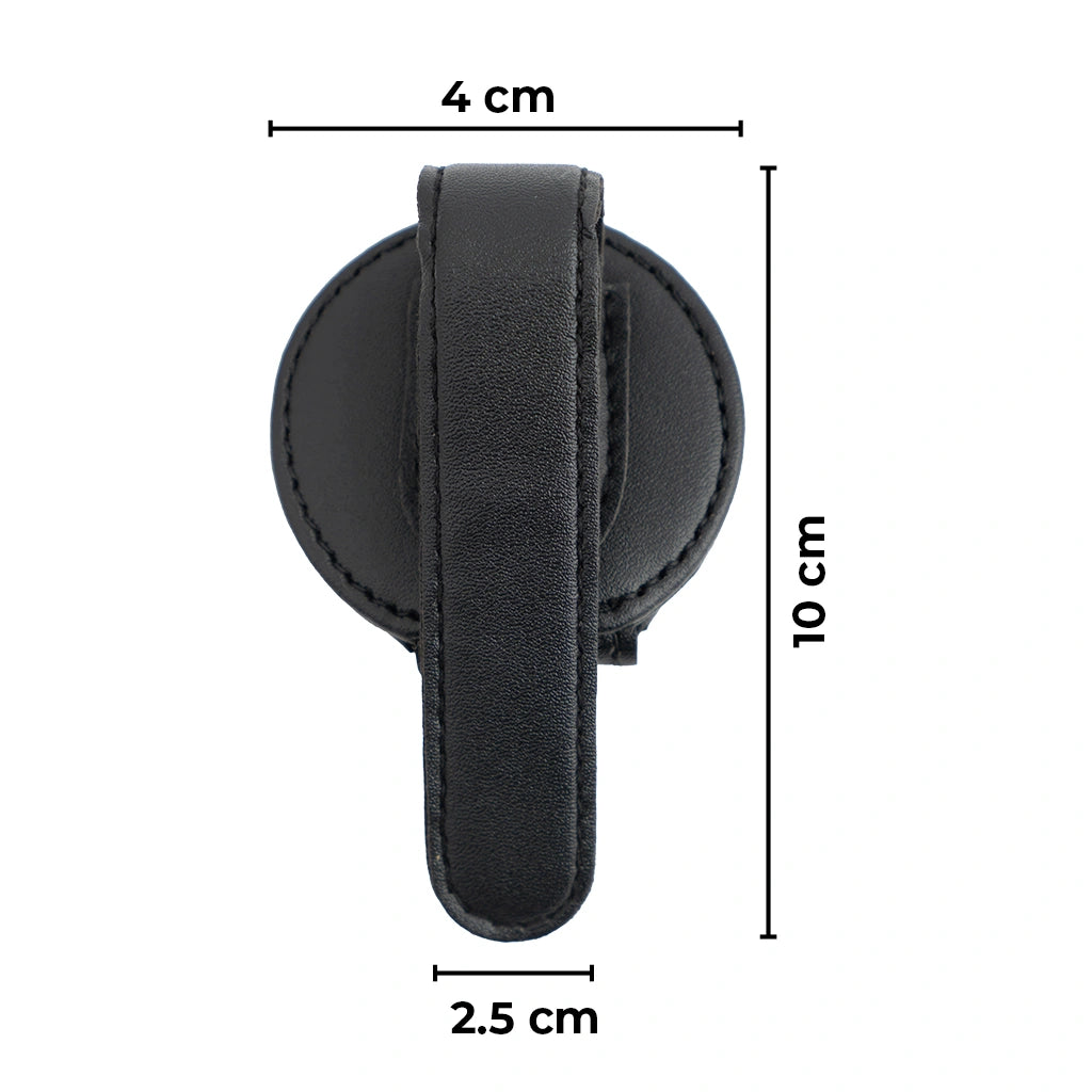 Magnetic sunglasses holder for car visor showing product dimensions. A practical and aesthetic car accessory by  Car-Wah! to keep your world on wheels organized.