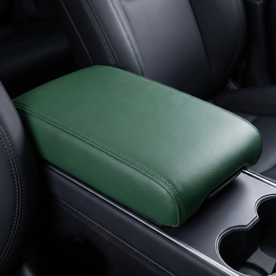 Memory foam car armrest cover in Green – PU leather center console cushion installed for driving comfort. An aesthetic and functional Car-Wah! comfort piece for your ride