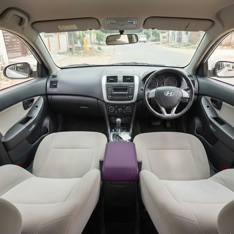 Memory foam car armrest cover in Purple – wide interior view installed on center console. Your ride's new best friend: a unique Car-Wah! comfort car accessory.
