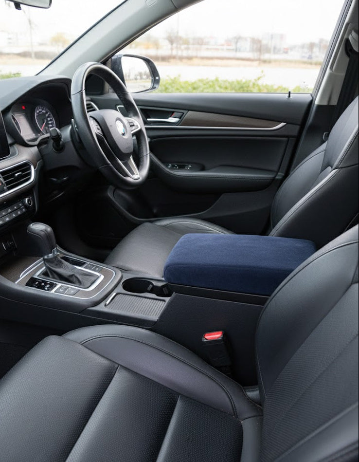 Suede car armrest cover with memory foam side view in car. Affordable Car-Wah! comfort car accessories for everyday Indian roads.