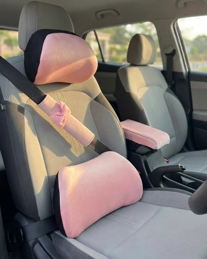 Matching car backrest, neck pillow, armrest and seatbelt cover in pink. Making traffic a little more fun with Car-Wah! comfort car accessories. 