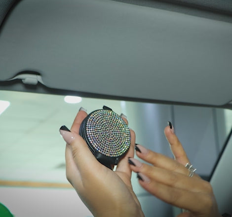 How to install magnetic bling visor clip on car sun visor demonstration. A practical and aesthetic car accessory by  Car-Wah! to keep your world on wheels organized.