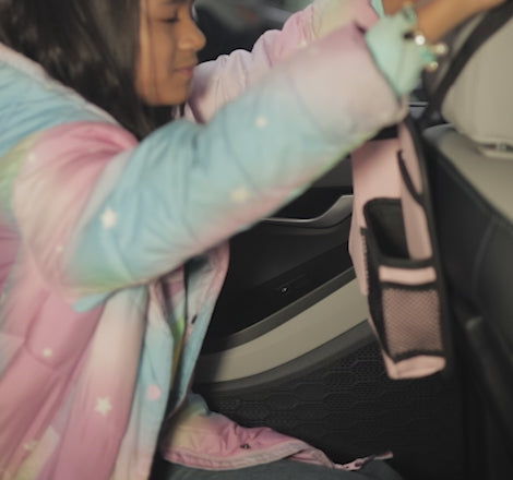 Video showing installation and everyday use of small car seat back organizer